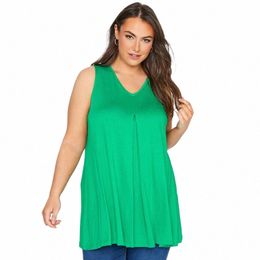 plus Size V-neck Summer Elegant Lgline Vest Top Women Casual Sleevel Swing Tunic Tank Pleated Detail Flare Top Blouse 6XL a8M4#