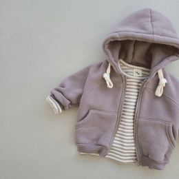 2023 Autumn New Baby Capeled Coat Solid Casual Kids Zipper Cardigan Jaqueta para meninos e meninas Manga longa Capuz de roupas de bebê