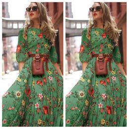 Casual Dresses Vintage Summer Dress Floral Print A-line Maxi With French Style Three Quarter Sleeves Women's High Waist Pleated O