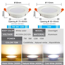 LED Waterproof Downlight Dimmable IP65 Kitchen 220V 12V 7W 9W 12W 15W Bathroom Toilet Eaves White Ceiling Lamp Spot Light