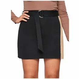 plus Size Tie Waist Summer Elegant Straight Skirt Women Color Blocked Casual Mini Skirt Plus Size Work Office Bottoms 6XL 7XL 2064#