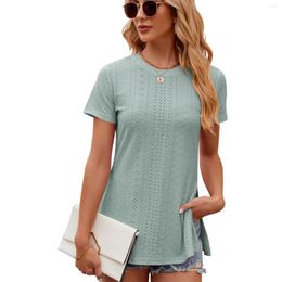 Women's T Shirts Women Short Sleeve Shirt Tops For Summer Solid Round Neck Split Hem Hollow Out