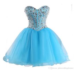 2021 Sexy Sweetheart Blue Back Short Homecoming Dresses Organza Beaded Crystal Lace Up Prom Cocktail Graduation Gown1858592