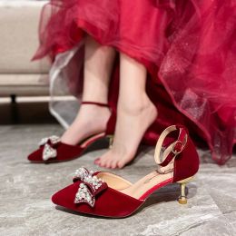 Rimocy Elegant Pearl Bow Wedding Shoes Women 2023 Crystal Ankle Strap Thin Heels Pumps Ladies Pointed Toe Red High Heels Shoes