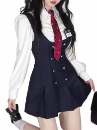 autumn Japanese Kawaii School Uniform Women Korean Cute College Student JK Uniform Vintage White Shirt and Strap Dr Sets 2023 g1W5#