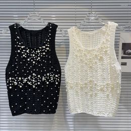 Women's Tanks PREPOMP 2024 Summer Collection Sleeveless Round Neck Pearls Embroidered Beads Knitted Vest Women Slim Tank Top GP598