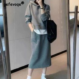 Work Dresses 2 Piece Sets Women Trendy Casual Streetwear Y2K Oversized Hooded Sweatshirts 2024 Autumn Grey High Waist Split Midi Skirt