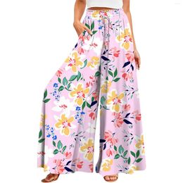 Women's Pants Summer Wide Leg High Waisted Flowing Pockets Fashion Casual Bohemian Printed Beach Pantalones De Muje