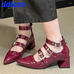 Dress Shoes Female Pointed Toe Footwear In 2024 Ladies Square Heels Spring Autumn Fashion Ankle Buckle Women Pumps Heeled