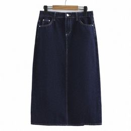plus Size Skirt Women 2023 Spring Fi Deep Blue High Waist A-Line Retro Back Split Denim Mid-Length Bottoms Curve Clothes 44PB#
