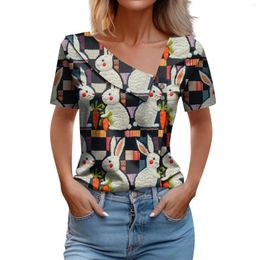 Women's T Shirts Easter Embroidered Print V Neck Short Sleeved T-shirt Top Blusa Mujer Moda 2024 Hauts Grande Taille Plus Size Oberteile