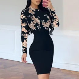 Casual Dresses Elegant High Waistline Dress Flower Print Slim Fit Waist Mini For Women With Long Sleeve O Neck Tight Sheath Above