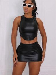 Work Dresses WLWXR Summer Black PU Leather 2 Two Piece Skirt Sets Night Club Outfits For Women 2024 Sleeveless Bodycon Crop Tops