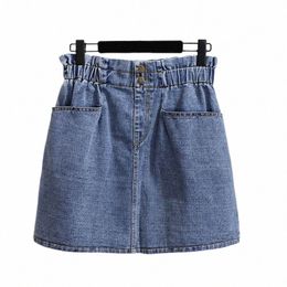 150kg Plus Size Women's Summer Elastic Waist Loose Slim A-Line Pocket Denim Short Skirt Blue Hip 157cm 5XL 6XLXL 9XL P2lo#