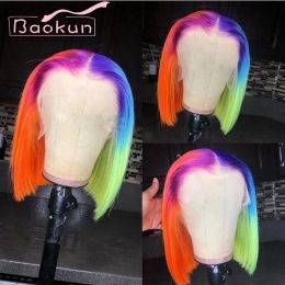 13X4 Rainbow Highlight Wig Human Hair Red Green 13x6 HD Lace Frontal Wig Short Straight Bob Lace Front Wigs Human Hair For Women