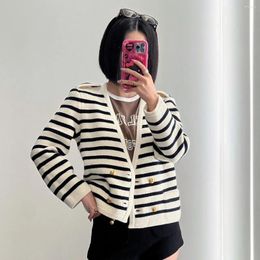 Women's Knits Women Sweater 2024 Autumn Black And White Striped Double Breasted Metal Button V-Neck Knitted Cardigan