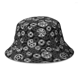 Berets Black Silver Gears Bucket Hat For Women Men Students Foldable Bob Fisherman Hats Panama Cap Autumn