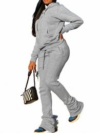 lw Plus Size Kangaroo Pocket Stacked Tracksuit Set Women Autumn Winter Solid Colour Hooded Collar Two Pieces Pants Suits Z0Uo#