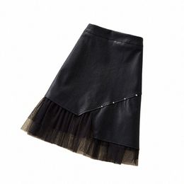women Large Plus Size Y2K PU Skirt Fi Casual Mesh Beaded Leather Mini Black Skirts Female Kkawaii 3XL4XL Clothing s0Fy#