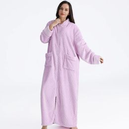 Women Winter Plus Size Long Warm Flannel Dressing Gown Pregnant Zipper Bathrobe Lovers Cozy Bath Robe Men Night Sleepwear