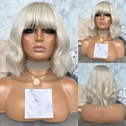 Nxy Vhair Wigs Rongduoyi Short Bob Light Blonde Body Wave Synthetic Shouler Length Hair with Bangs Lace Front Wig Party Cosplay Women Use 240330