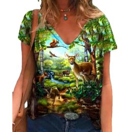 Summer Women's T-Shirt 3D Printed Sika Deer Casual Short Sleeve Tees Animal Pattern Femmes Wear Regular Sexy V-Neck Woman Shirt