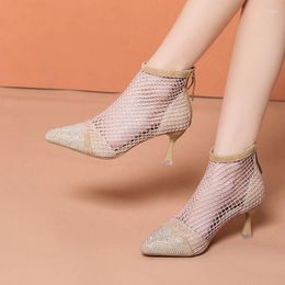 Boots 2024 Women Thin Heels Summer High Sandals Pointed Flock Pumps For Woman Crystal Sexy Wedding Party Shoes