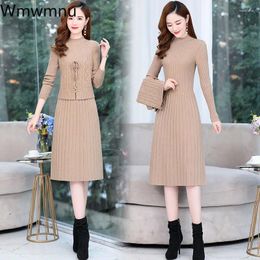 Work Dresses Sweater Dress Suit Vintage Bandage Ribbed Knit Vest And Half Turtleneck Long Sleeve Bottoming Winter Two Piece Set Women