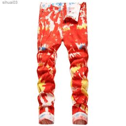 Men's Jeans Mens tie dye elastic denim jeans fashionable Y2K red contrasting Colour painted pants ultra-thin tapered printed jeansL2403