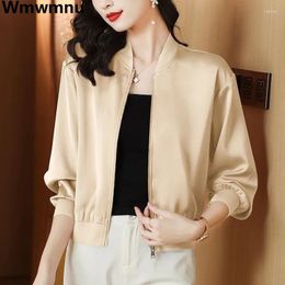 Women's Jackets Spring Fall Elegant Satin Smooth Short V-neck Classic Bombers Coats Loose Unlined Outwear Mom's Chaquetas 2024