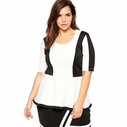 plus Size Summer Elegant Peplum Top Women Half Sleeve Black And White Ruffle Hem Blouse Female Large Size Office T-shirt 6XL 7XL A8RP#