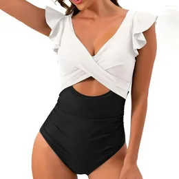 Women's Swimwear Women Stylish One-piece Swimsuits For V-neck Tummy Control High Waist Bathing Suit With Cutout Design Patchwork