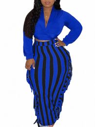 lw Plus Size Women Autumn&Winter Elegant V Neck Lg Sleeve Pattern Crop Top Striped Tassel Design Skirt Two Pieces Set z2wJ#