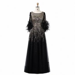 shar Said Luxury Feathers Black Dubai Evening Dres for Women Elegant Fuchsia Arabic Half Sleeve Wedding Party Dr SS339 x5Ys#