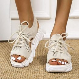 Sandals Summer Women Mesh Casual White Thick Soled Lace Up Open Wedges For Dressy Womens