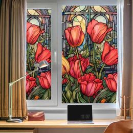 Window Stickers PVC Stained Glass Film Removable Non-Adhesive Heat Insulation UV Blocking Colourful Tulip Pattern Static Clings