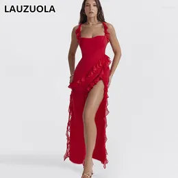 Casual Dresses Sexy Strap Strapless Mesh Ruffle Hem Long Dress 2024 Summer Fashion Elegant Sleeve Club Party High Split Red