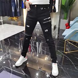 Men's Jeans Luxury 2023 Mens Street Korean Black Jeans with Zipper Distressed Hole Designer Youth Trend Slim Fit Black Cotton TrousersL2403