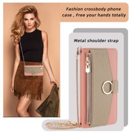 Crossbody Leather Phone Case for IPhone 15 for iphone 15 Pro Max Wallet Flip Case Cover with Metal Chain and make up Mirror