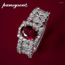 Cluster Rings PANSYSEN Vintage 925 Sterling Silver Oval Cut 6x8MM Created Ruby High Carbon Diamond Gemstone Ring Wedding Party Fine Jewellery