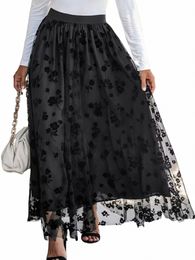 parara Plus Size Women's Elegant Skirt, Floral Print Elastic High Rise Mesh Overlay Maxi Skirts For Women Y65E#