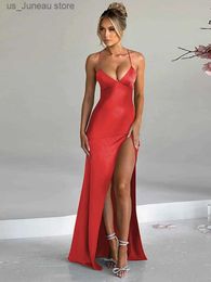 Basic Casual Dresses Dulzura Lace Up Backless Side Slit Maxi Dress For Women Bodycon Sexy Long Dress Party Club Birthday Evening Clothes 2024 Summer T240330