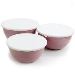 Bowls 3 Piece Stackable Stainless Steel Mixing Bowl Set With Lids In Lavender Porcelain Enamel Exterior For Longlasting