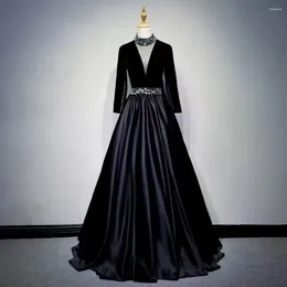 Party Dresses Classic Black A Line Prom Long Sleeves Satin Tulle High Neck With Crystals Zipper Back Evening Formal Gowns