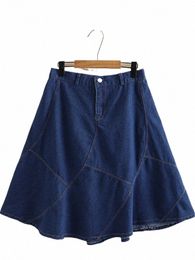 plus Size Women's Denim Skirt Elastic Belt Butt Loose Big Hem Skirt Knee-Length Skirt Thin Denim Fabric Splice Umbrella O2uP#