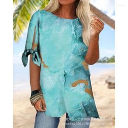 Women's T Shirts Short Sleeve Summer Casual Tshirt Top Y2K Lace-up Sleeves Tshirts Women O-neck Loose Printed Blouse