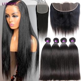 Malaysian Bone Straight Bundle With 4x4 Lace Closure Human Hair Bundle With 13X4 Lace Frontal Natural Color Hair Weave Extension
