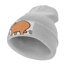 Berets Walking Wombat With White Flowers Knitted Cap Black Fishing Hat Anime Sunhat Elegant Women's Hats Men's