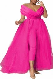 plus Size Formal Casual One Piece Outfit Solid Off The Shoulder V Neck Tulle Jumpsuit With Tulle Skirts I0He#