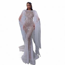 shar Said Luxury Dubai White Nude Mermaid Evening Dr with Cape Sleeves for Women Wedding Arabic Bridal Party Gowns SS458 e7Xc#